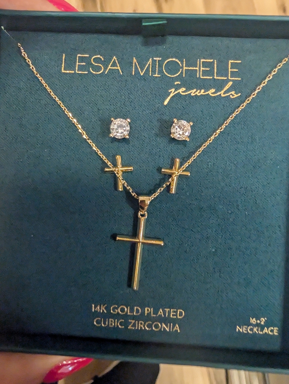 Lesa Michele Gold Cross Necklace Set + 2 Earrings CZ & Cross NWT - Picture 2 of 8